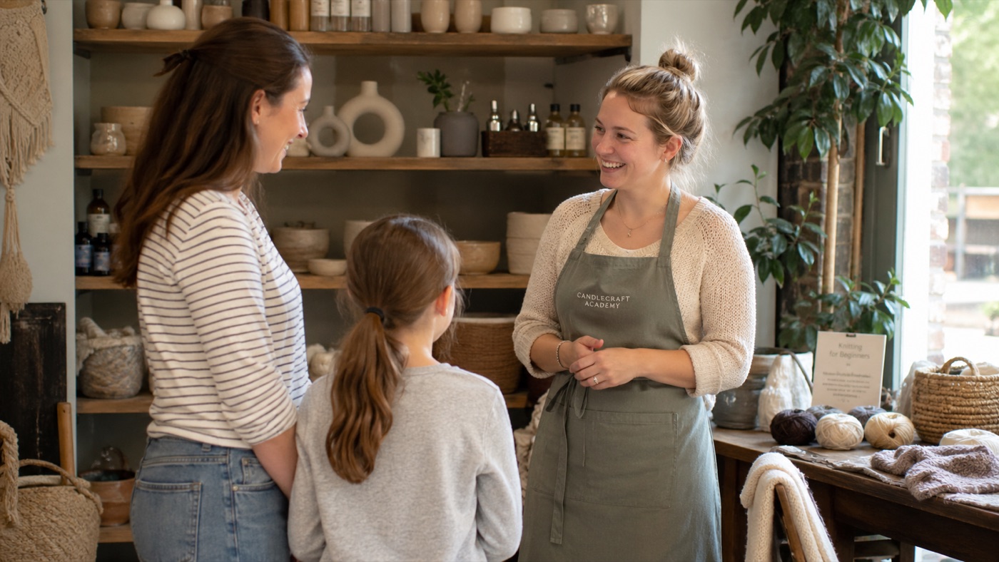 A teacher in a CandleCraft apron chatting with a parent and child