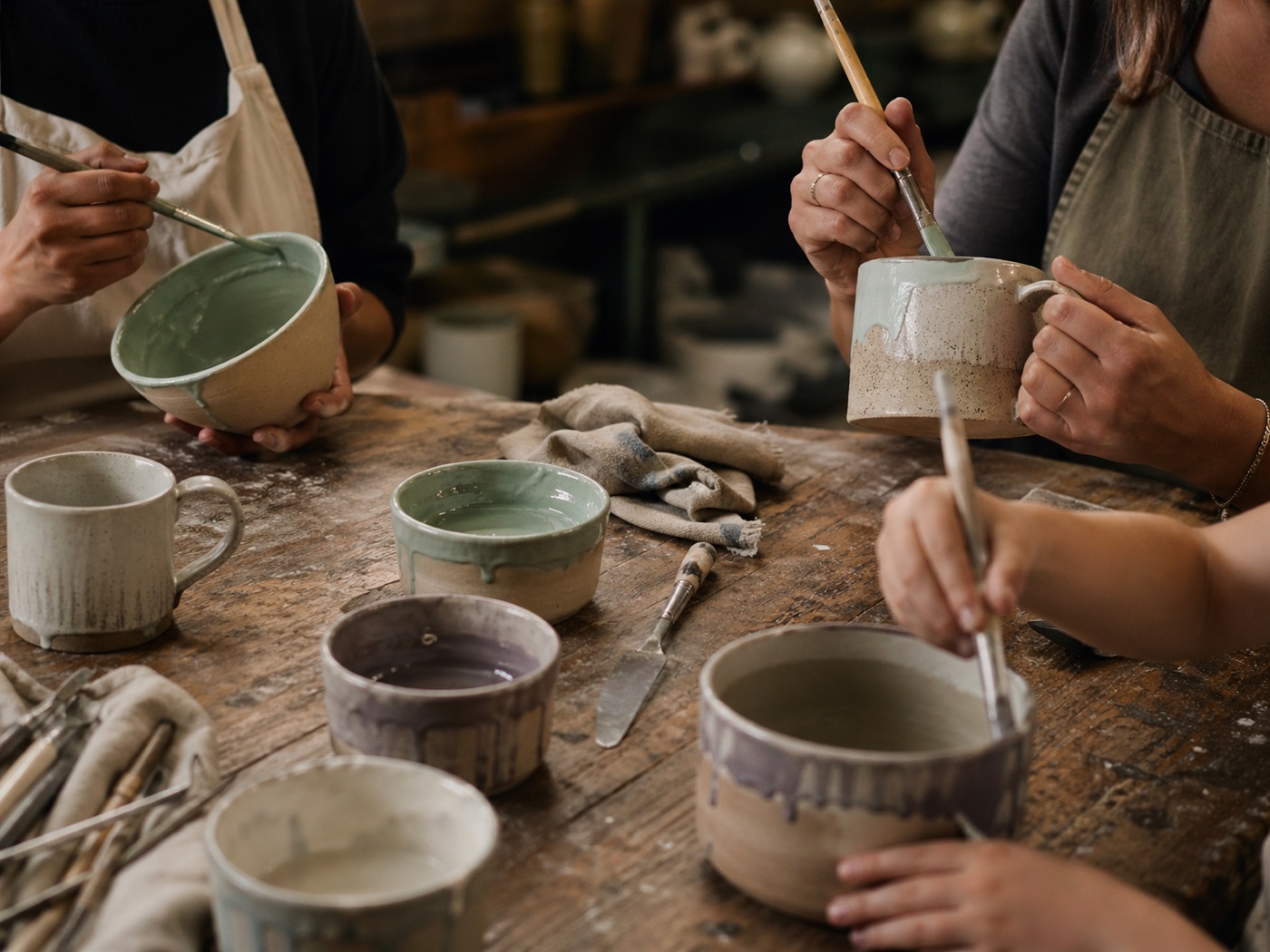 Hands painting glaze onto small pottery bowls at a wooden table