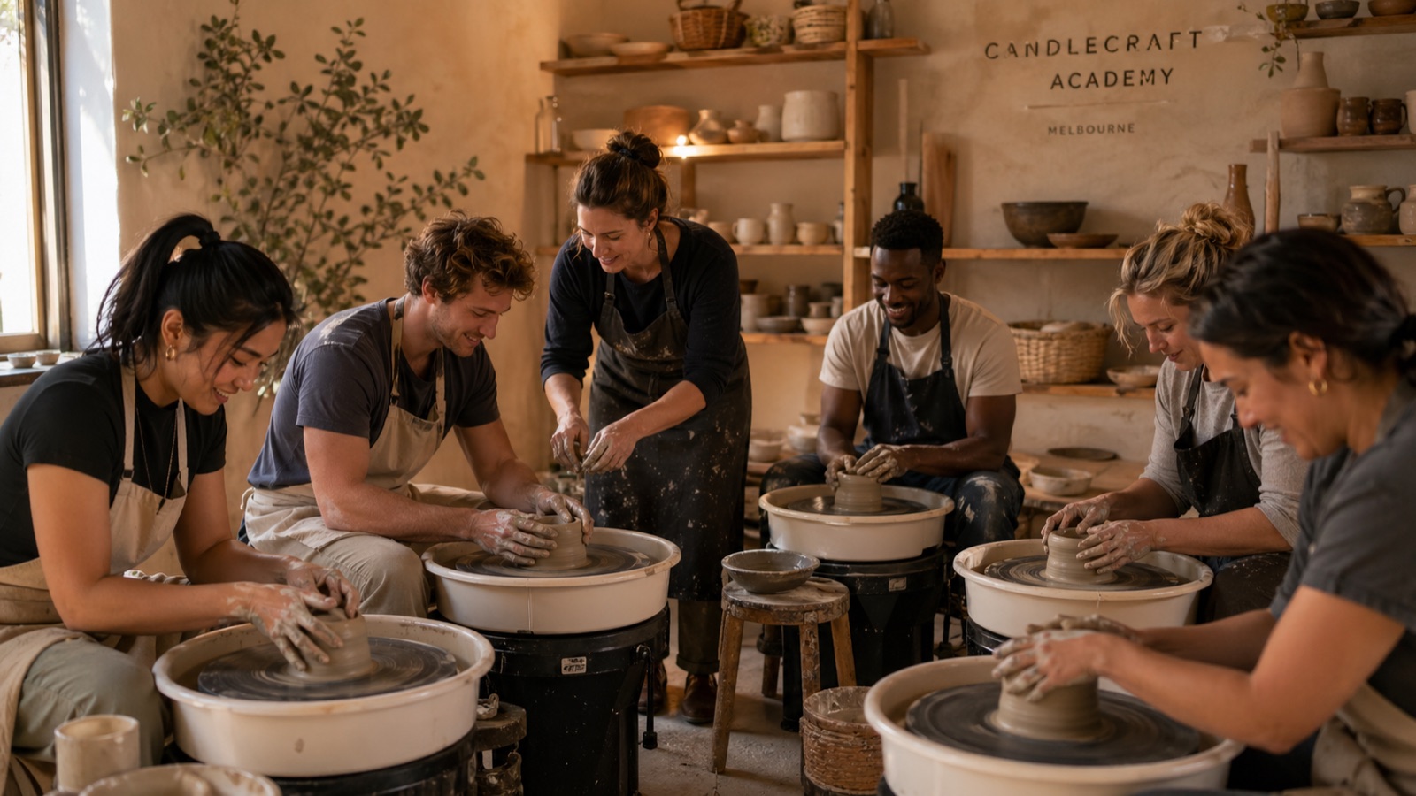 Six learners at pottery wheels with an instructor in the centre