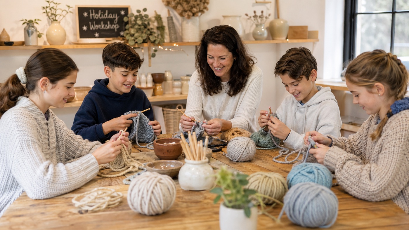 A holiday knitting workshop with four kids and a teacher around a table