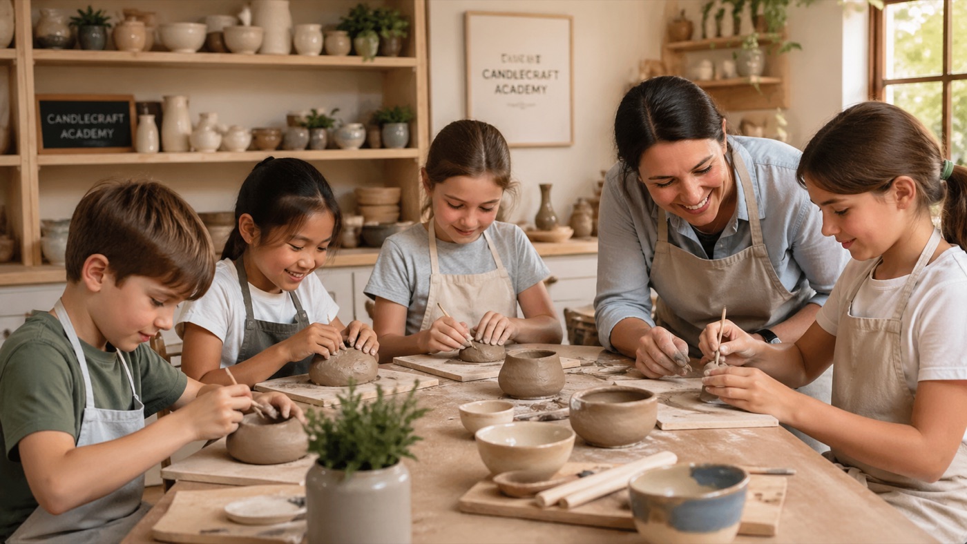 Five children making clay forms with a teacher leaning in to help