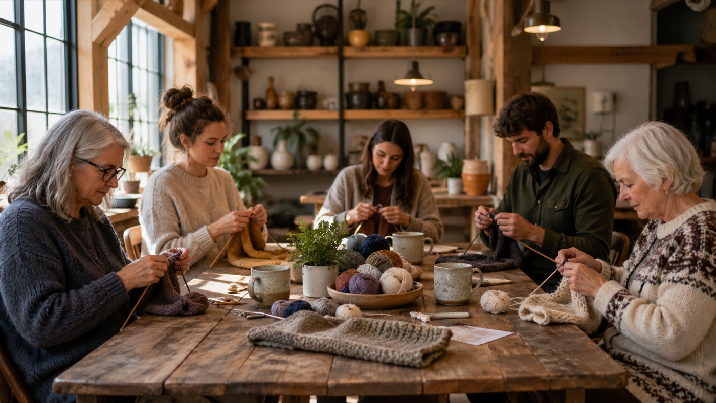 Five adults knitting around a long timber table