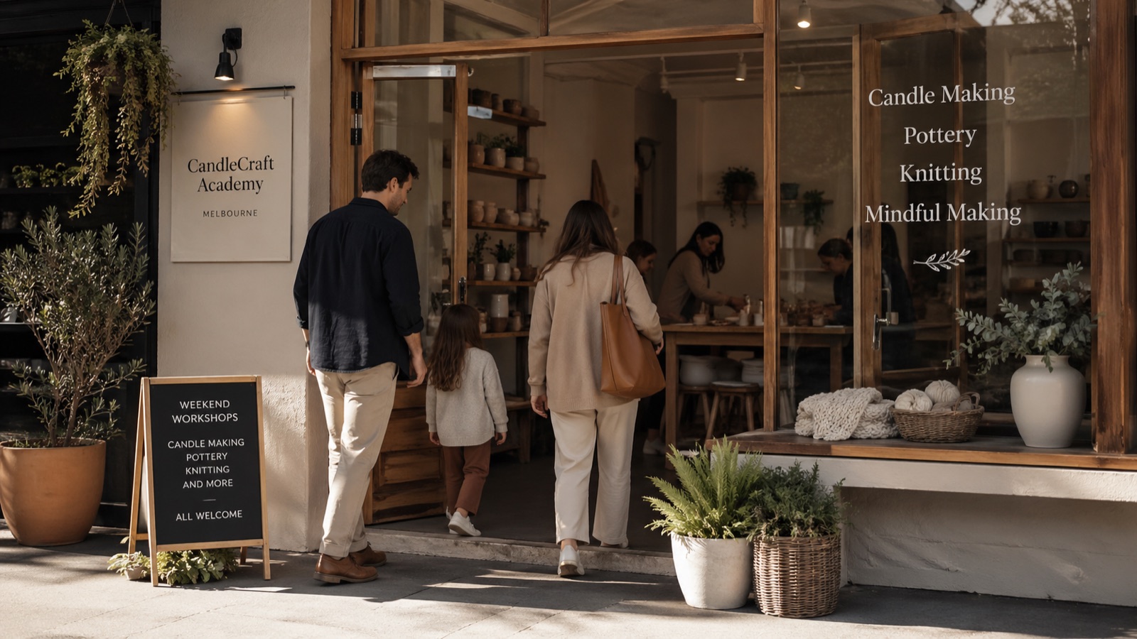 CandleCraft Academy storefront in Melbourne, with a family entering for a weekend workshop