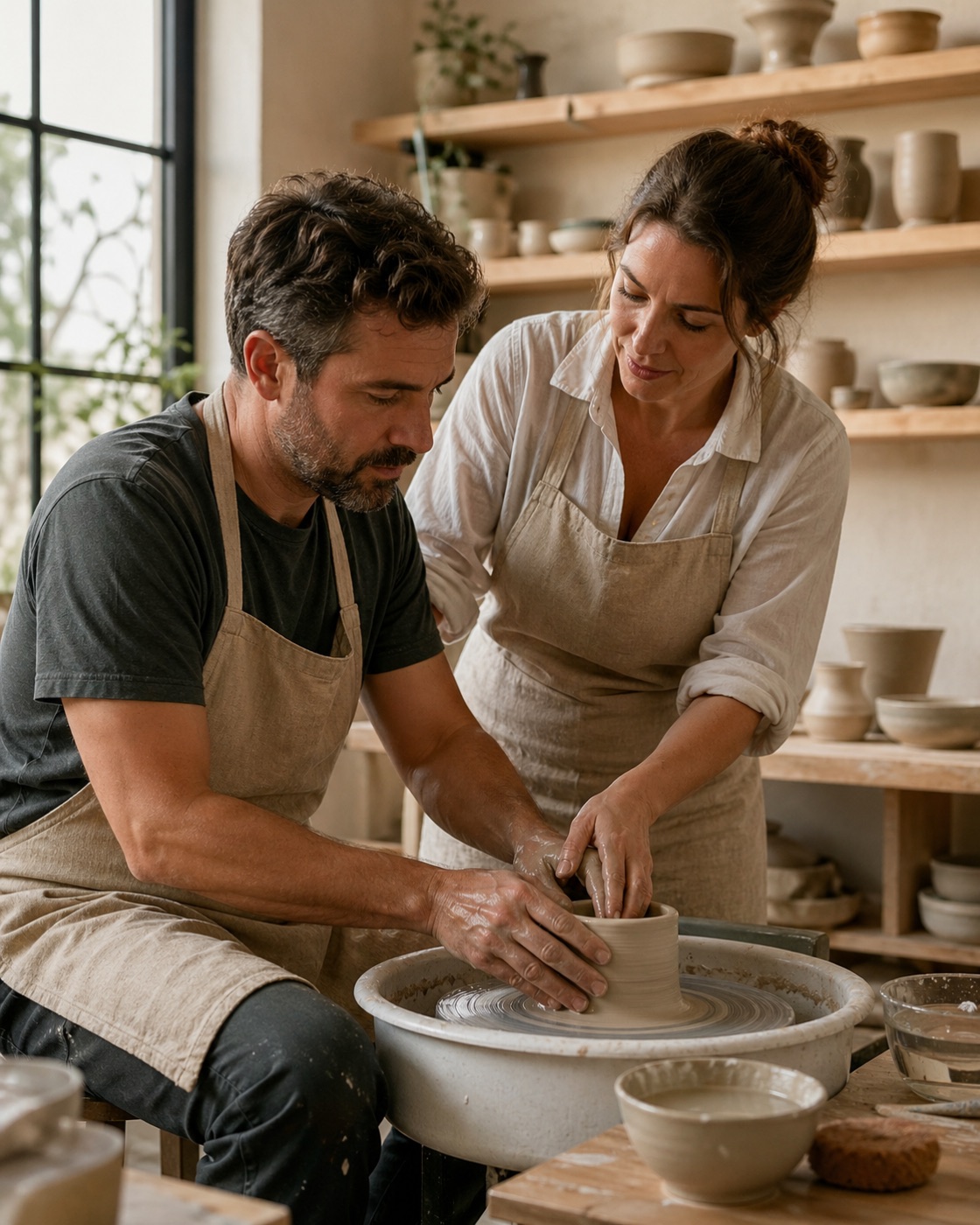 A learner shaping clay on the potter's wheel while an instructor guides their hands
